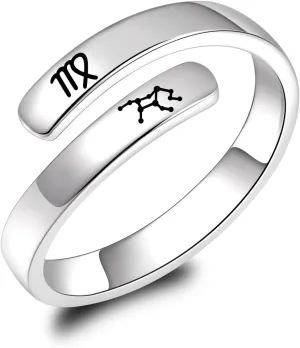 BEILIN 925 Sterling Silver Zodiac Sign Rings Adjustable 12 Constellation Astrology Rings Jewelry Gifts for Women