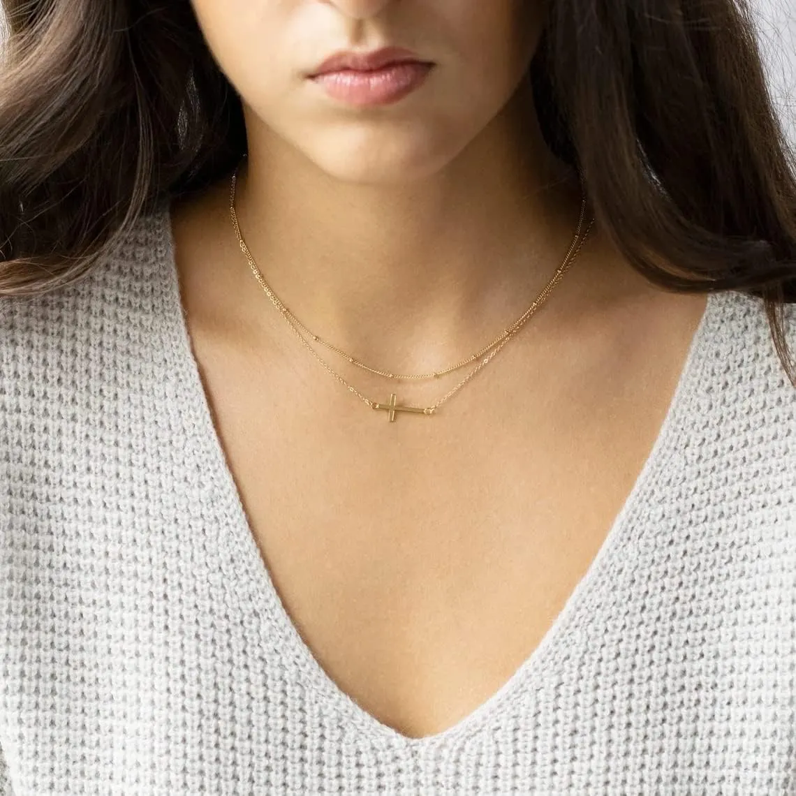 BERISO Cross Necklace 14K Gold/Silver Plated Double Cross Pendant Necklace Dainty Diamond Cross Charm Link Chain Choker Delicate Faith Jewelry Religious Gifts for Women Teen Girls Men Boys