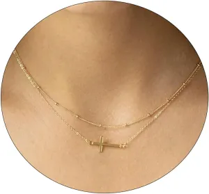 BERISO Cross Necklace 14K Gold/Silver Plated Double Cross Pendant Necklace Dainty Diamond Cross Charm Link Chain Choker Delicate Faith Jewelry Religious Gifts for Women Teen Girls Men Boys
