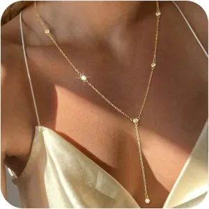 BERISO Y-Shape Gold Necklace for Women - 14K Gold Plated Minimalist Pendant Chain Jewelry, Elegant Gift for Anniversary