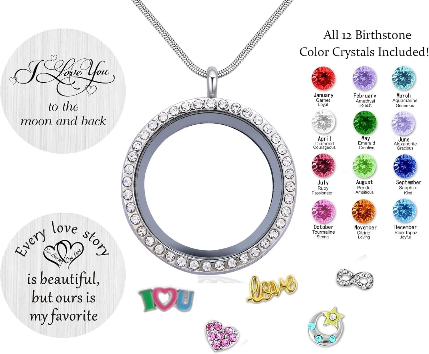 Best Gift Floating Charm Living Memory Lockets with Birthstone, 30mm Stainless Steel Necklace