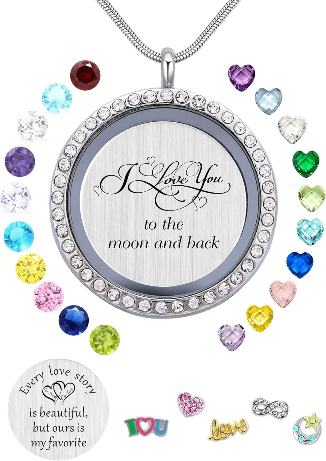 Best Gift Floating Charm Living Memory Lockets with Birthstone, 30mm Stainless Steel Necklace