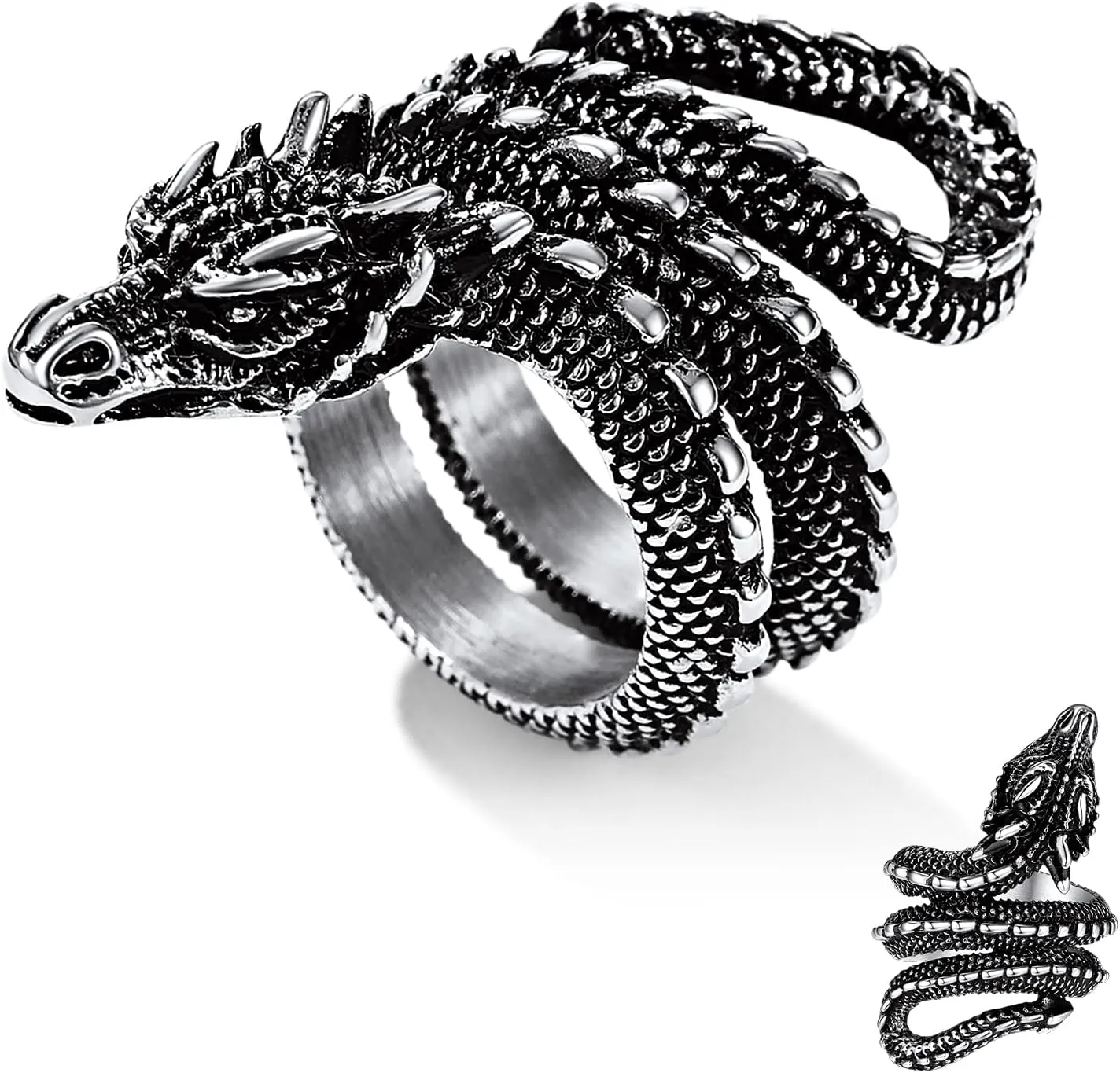 Bestyle Punk Gothic Snake Rings for Men Women, Stainless Steel/Gold/Black Serpent Finger Wrap Ring, Cool Statement Biker Rings Retro Costumes Jewelry, Size #7-#12