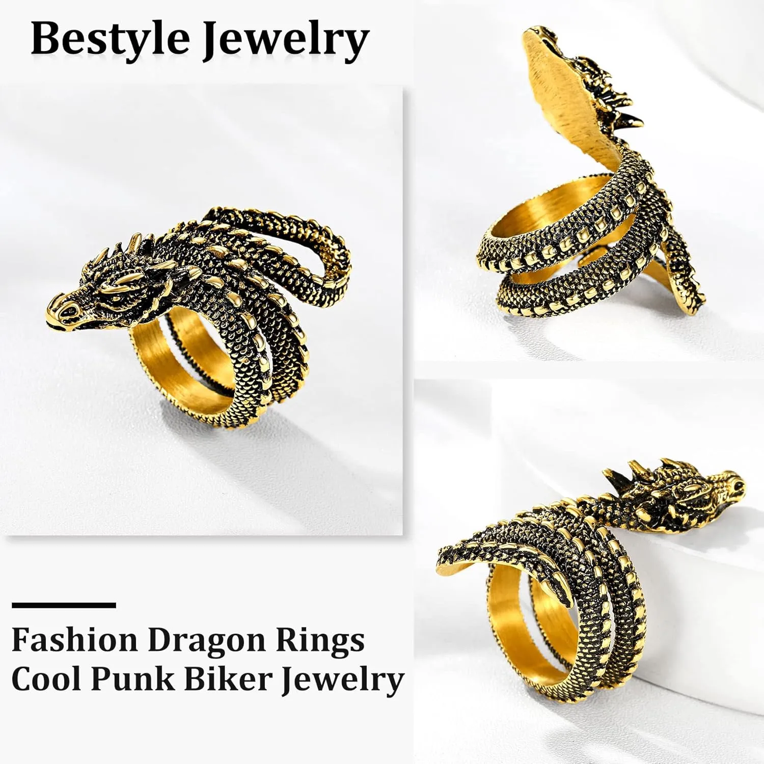 Bestyle Punk Gothic Snake Rings for Men Women, Stainless Steel/Gold/Black Serpent Finger Wrap Ring, Cool Statement Biker Rings Retro Costumes Jewelry, Size #7-#12