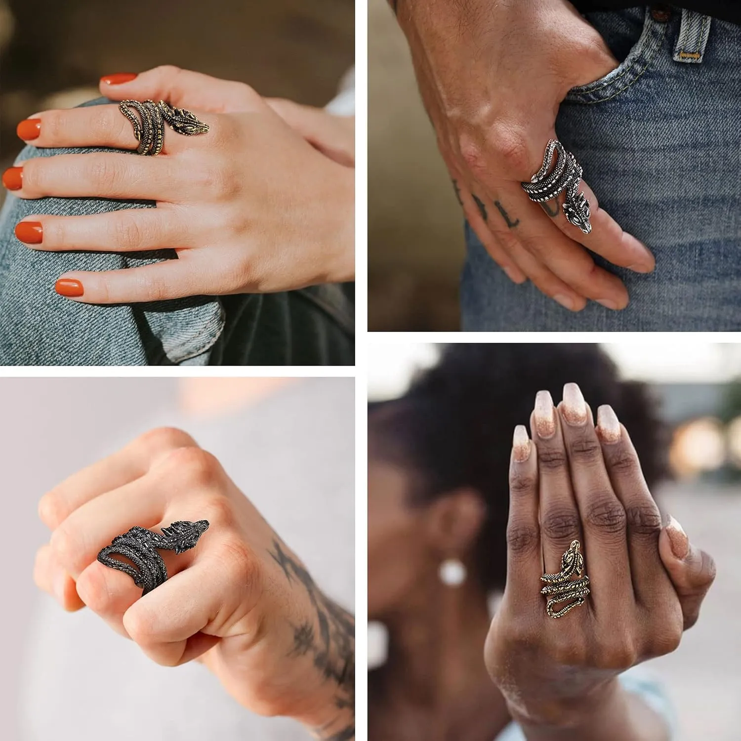 Bestyle Punk Gothic Snake Rings for Men Women, Stainless Steel/Gold/Black Serpent Finger Wrap Ring, Cool Statement Biker Rings Retro Costumes Jewelry, Size #7-#12
