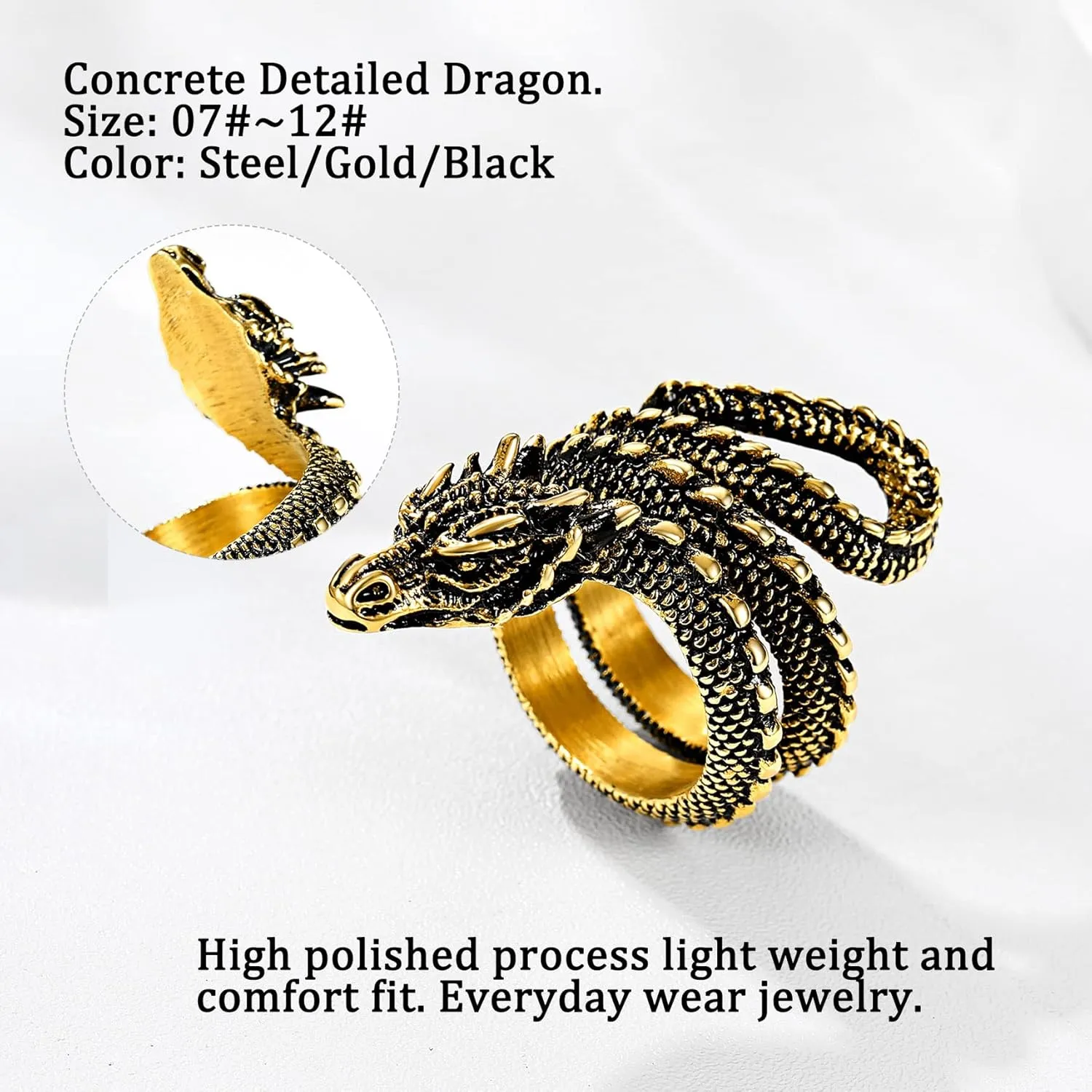 Bestyle Punk Gothic Snake Rings for Men Women, Stainless Steel/Gold/Black Serpent Finger Wrap Ring, Cool Statement Biker Rings Retro Costumes Jewelry, Size #7-#12