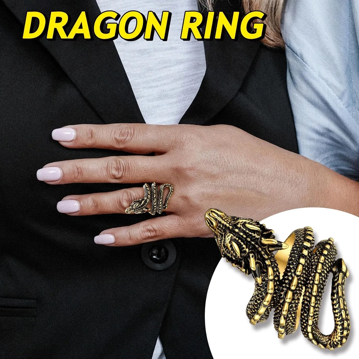 Bestyle Punk Gothic Snake Rings for Men Women, Stainless Steel/Gold/Black Serpent Finger Wrap Ring, Cool Statement Biker Rings Retro Costumes Jewelry, Size #7-#12