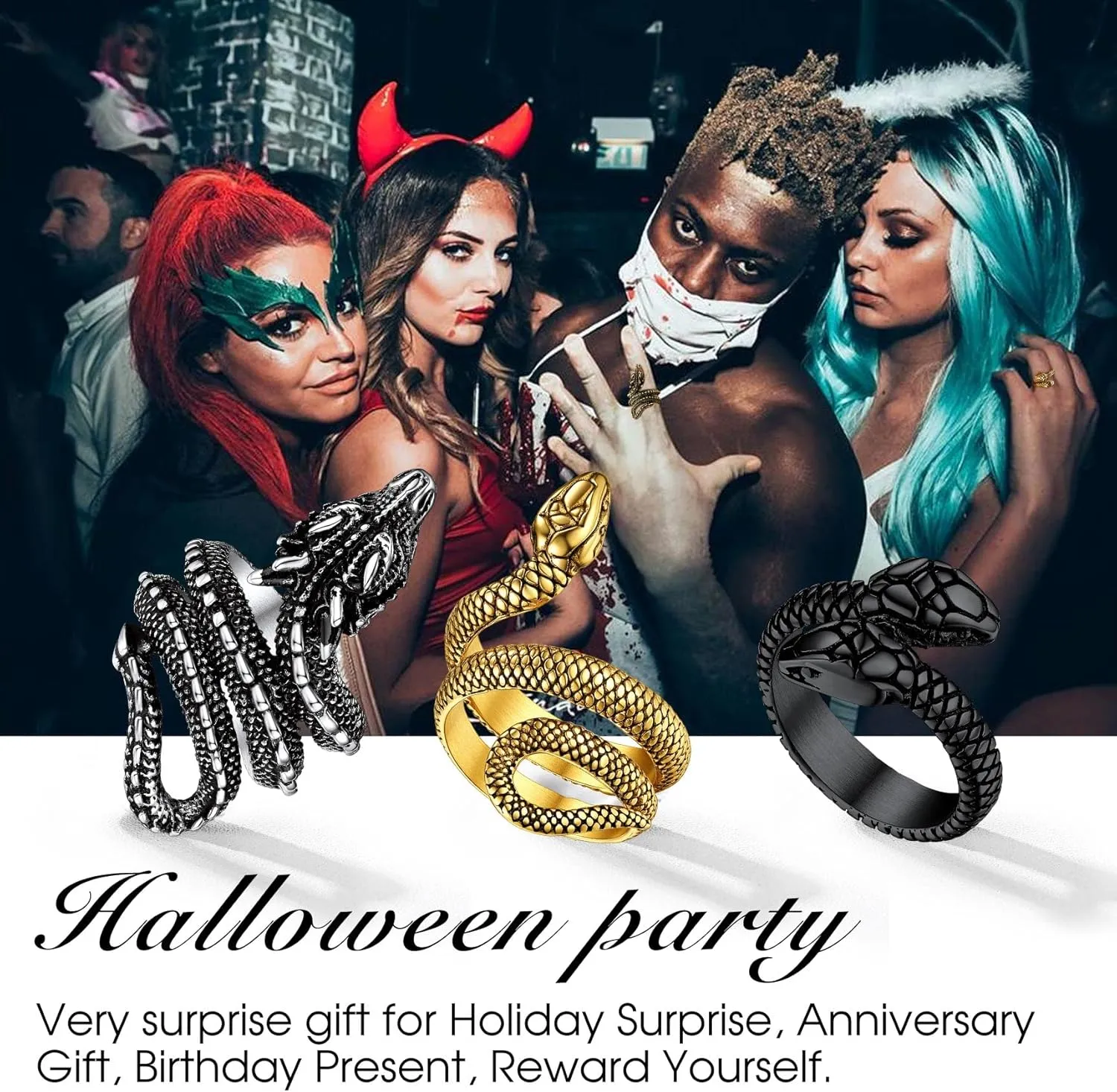 Bestyle Punk Gothic Snake Rings for Men Women, Stainless Steel/Gold/Black Serpent Finger Wrap Ring, Cool Statement Biker Rings Retro Costumes Jewelry, Size #7-#12