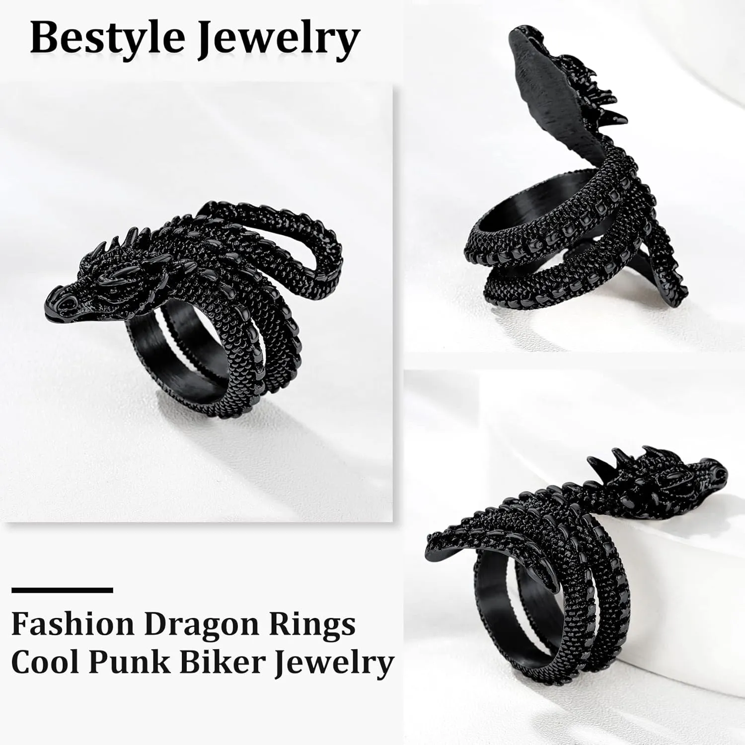 Bestyle Punk Gothic Snake Rings for Men Women, Stainless Steel/Gold/Black Serpent Finger Wrap Ring, Cool Statement Biker Rings Retro Costumes Jewelry, Size #7-#12