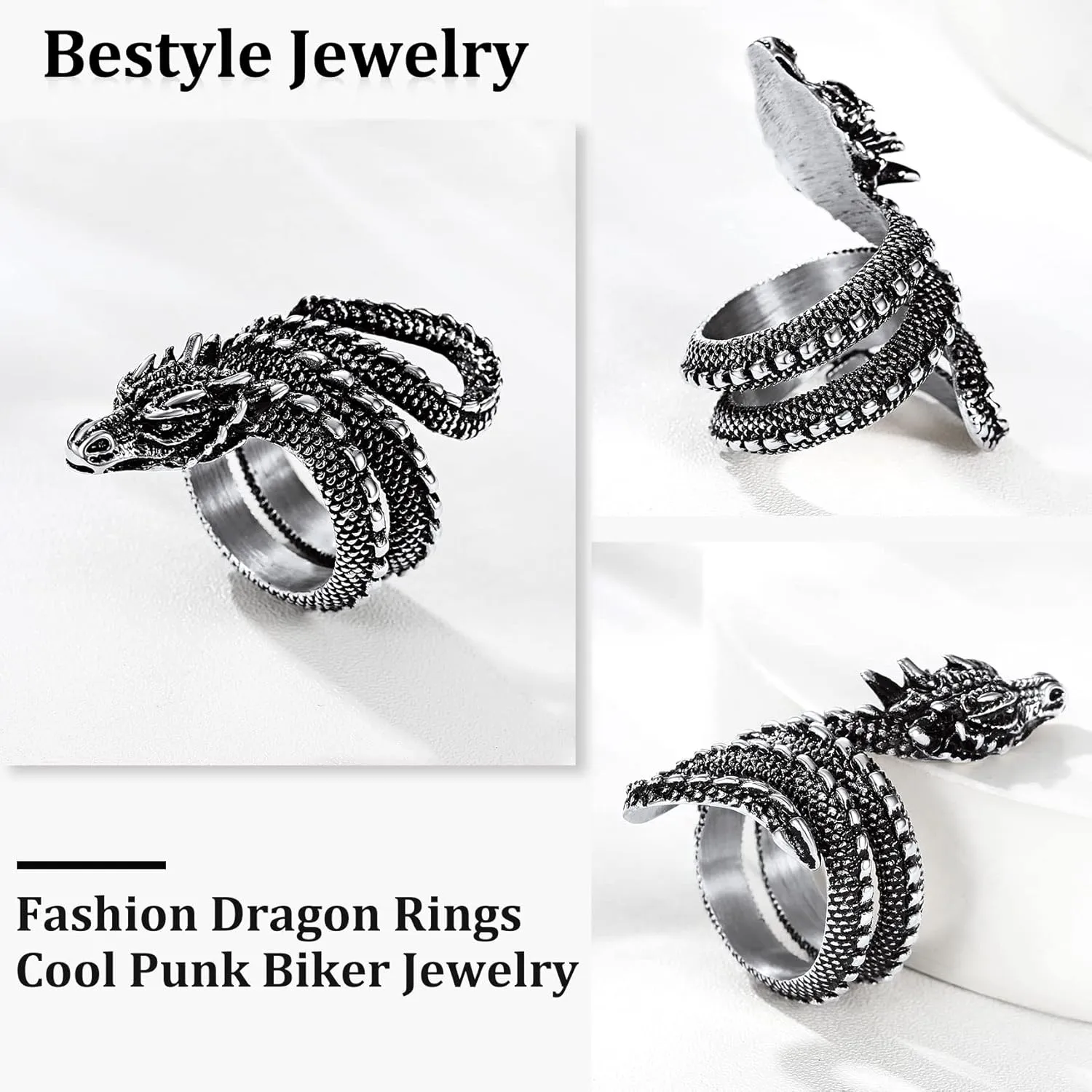 Bestyle Punk Gothic Snake Rings for Men Women, Stainless Steel/Gold/Black Serpent Finger Wrap Ring, Cool Statement Biker Rings Retro Costumes Jewelry, Size #7-#12