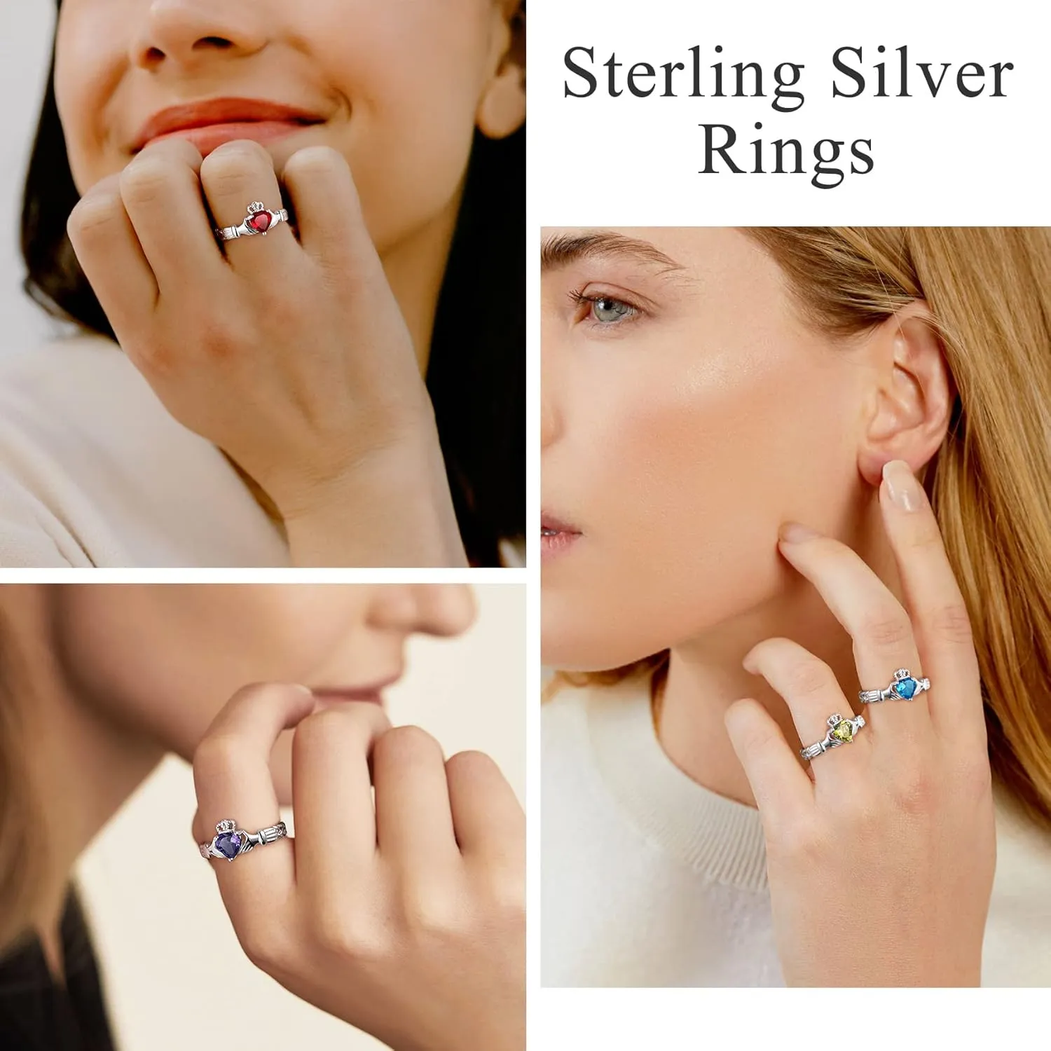 Bestyle Sterling Silver Celtic/Claddagh Birthstone Ring for Women, Hypoallergenic Celtic Silver Ring for Women, Adjustable Open Silver Thumb Ring, Love Promise Ring for Her, Great Birthday Gift
