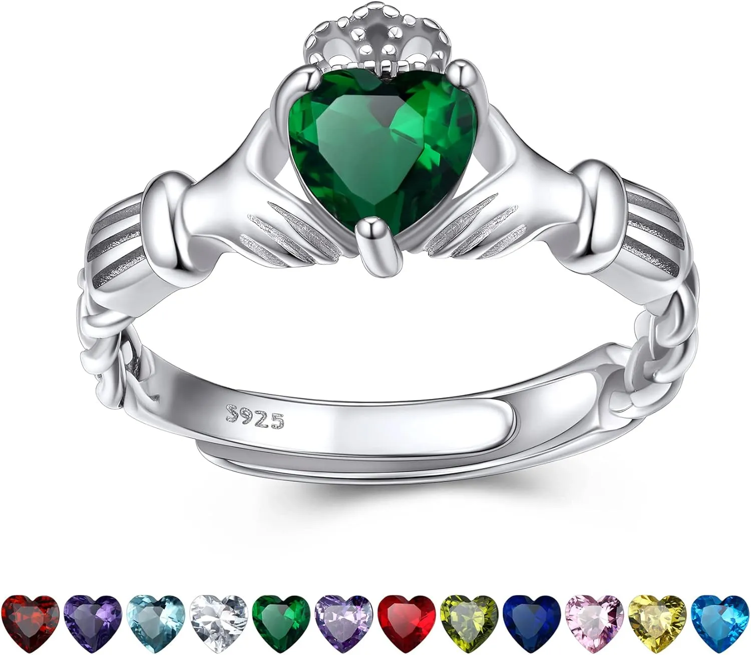 Bestyle Sterling Silver Celtic/Claddagh Birthstone Ring for Women, Hypoallergenic Celtic Silver Ring for Women, Adjustable Open Silver Thumb Ring, Love Promise Ring for Her, Great Birthday Gift