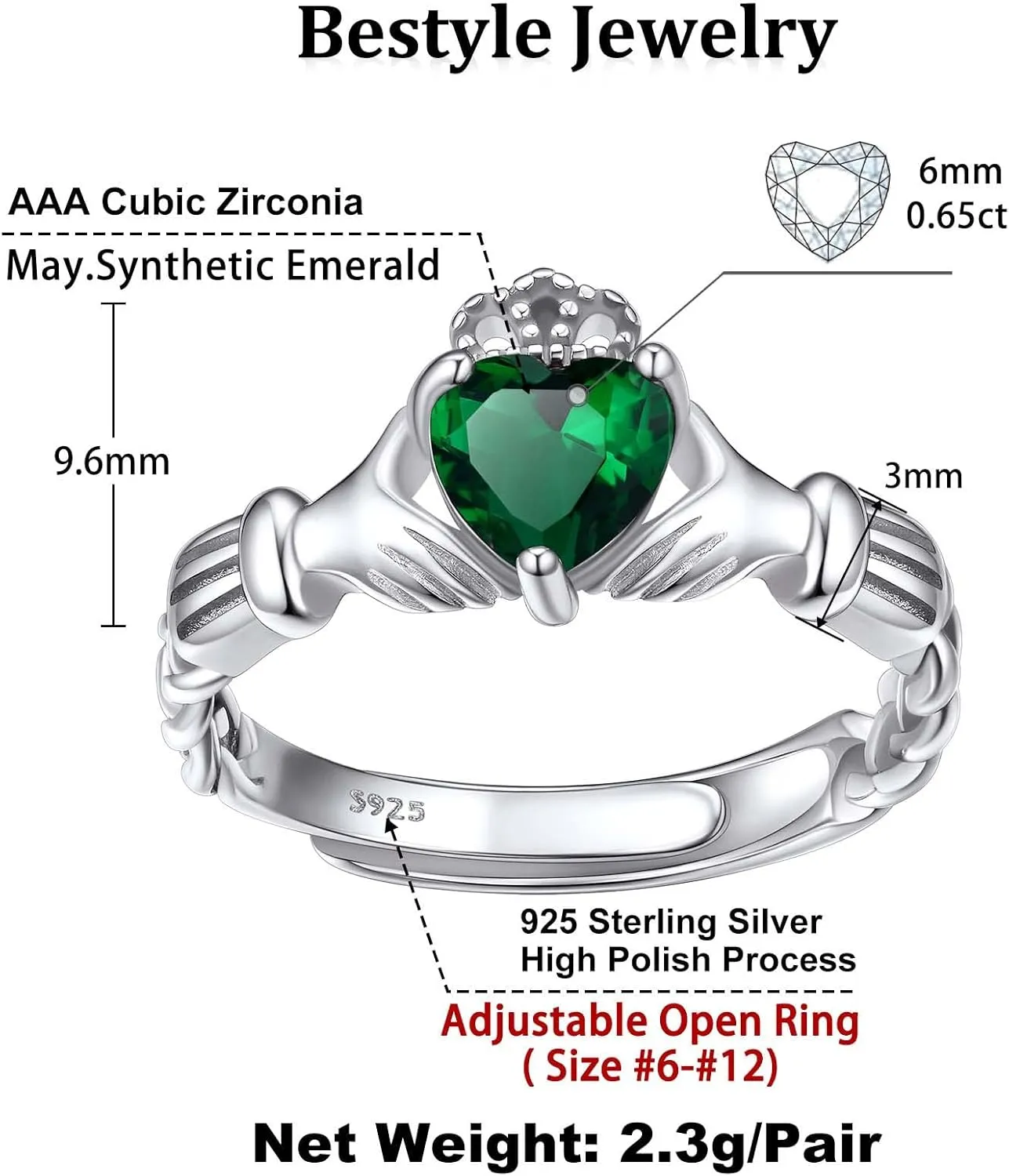 Bestyle Sterling Silver Celtic/Claddagh Birthstone Ring for Women, Hypoallergenic Celtic Silver Ring for Women, Adjustable Open Silver Thumb Ring, Love Promise Ring for Her, Great Birthday Gift