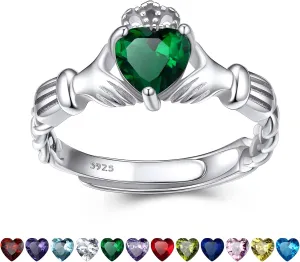 Bestyle Sterling Silver Celtic/Claddagh Birthstone Ring for Women, Hypoallergenic Celtic Silver Ring for Women, Adjustable Open Silver Thumb Ring, Love Promise Ring for Her, Great Birthday Gift