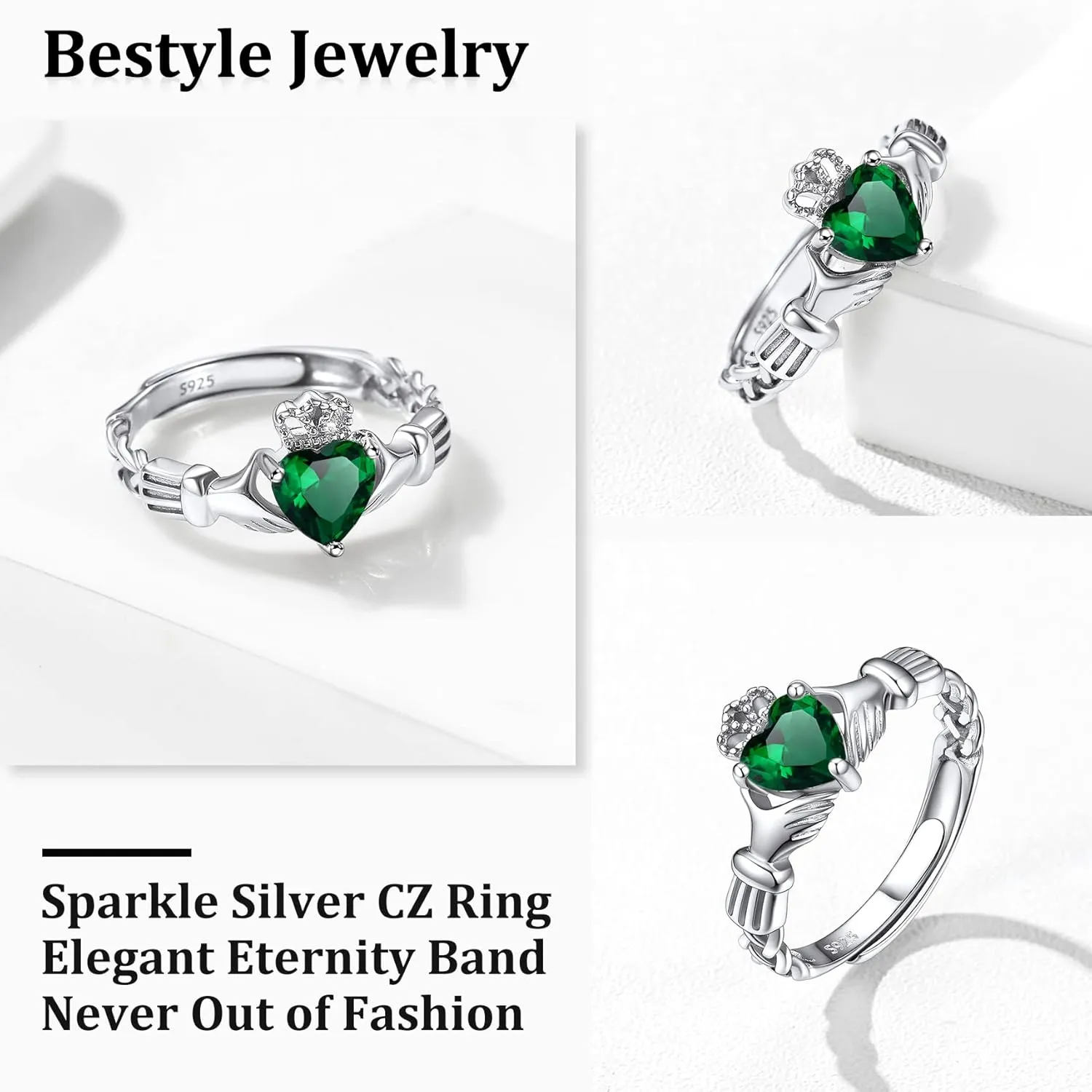 Bestyle Sterling Silver Celtic/Claddagh Birthstone Ring for Women, Hypoallergenic Celtic Silver Ring for Women, Adjustable Open Silver Thumb Ring, Love Promise Ring for Her, Great Birthday Gift