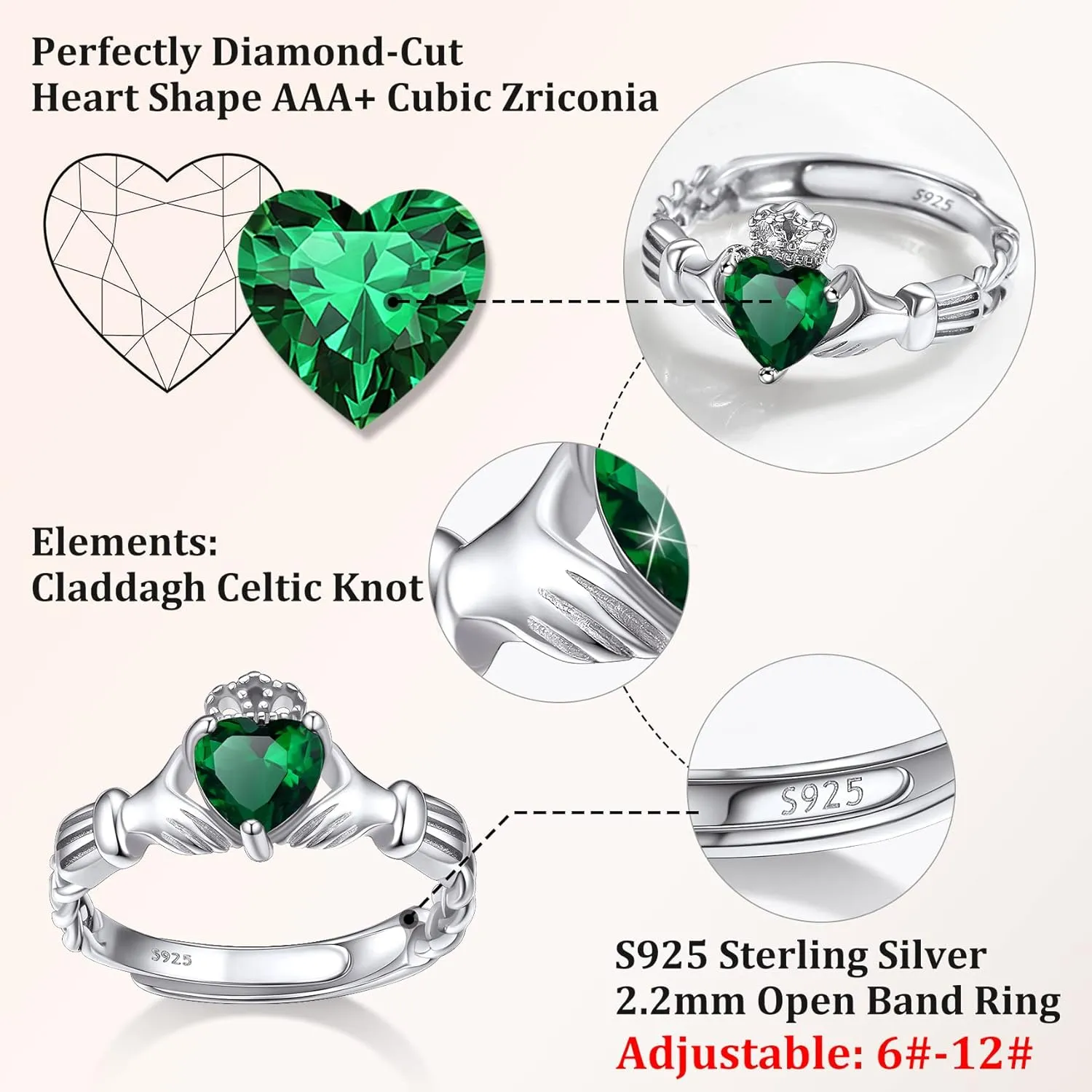 Bestyle Sterling Silver Celtic/Claddagh Birthstone Ring for Women, Hypoallergenic Celtic Silver Ring for Women, Adjustable Open Silver Thumb Ring, Love Promise Ring for Her, Great Birthday Gift
