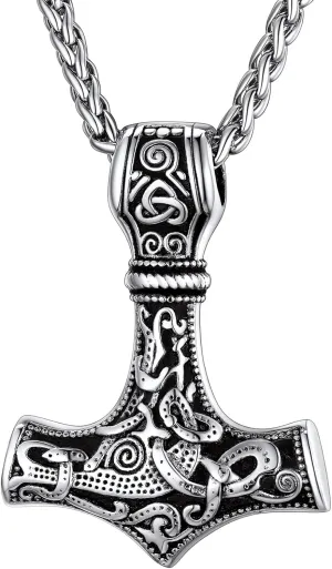 Bestyle Vintage Thor Hammer Necklace for Men Boys Stainless Steel Hammer Mjolnir Pendant Powerful Rune Amulet Noridc Jewelry Gift for Viking Lover-Gift Packaged