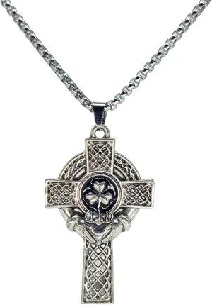 Big Vintage Celtic Cross Pendant Necklace for Men & Women - Stainless Steel Irish Jewelry with Shamrock & Claddagh Design - Adjustable 23.6" 2" Chain - Religious Protective Gift