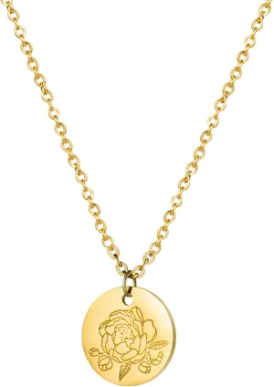 Birth Month Flower Pendant Necklace 18K Gold Plated Dainty Simple Month Birth Floral Disc Pendant Engrave Coin Necklace Minimalist Delicate Mom Daughter Gift for Her