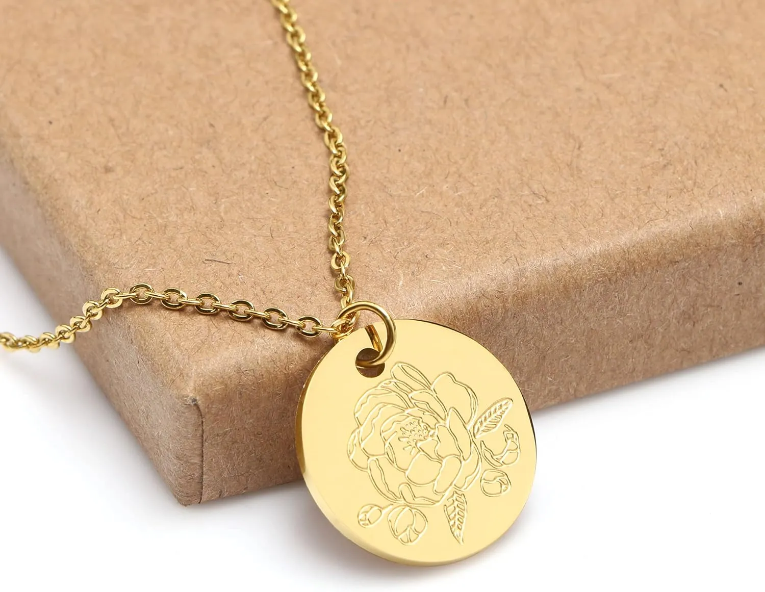 Birth Month Flower Pendant Necklace 18K Gold Plated Dainty Simple Month Birth Floral Disc Pendant Engrave Coin Necklace Minimalist Delicate Mom Daughter Gift for Her