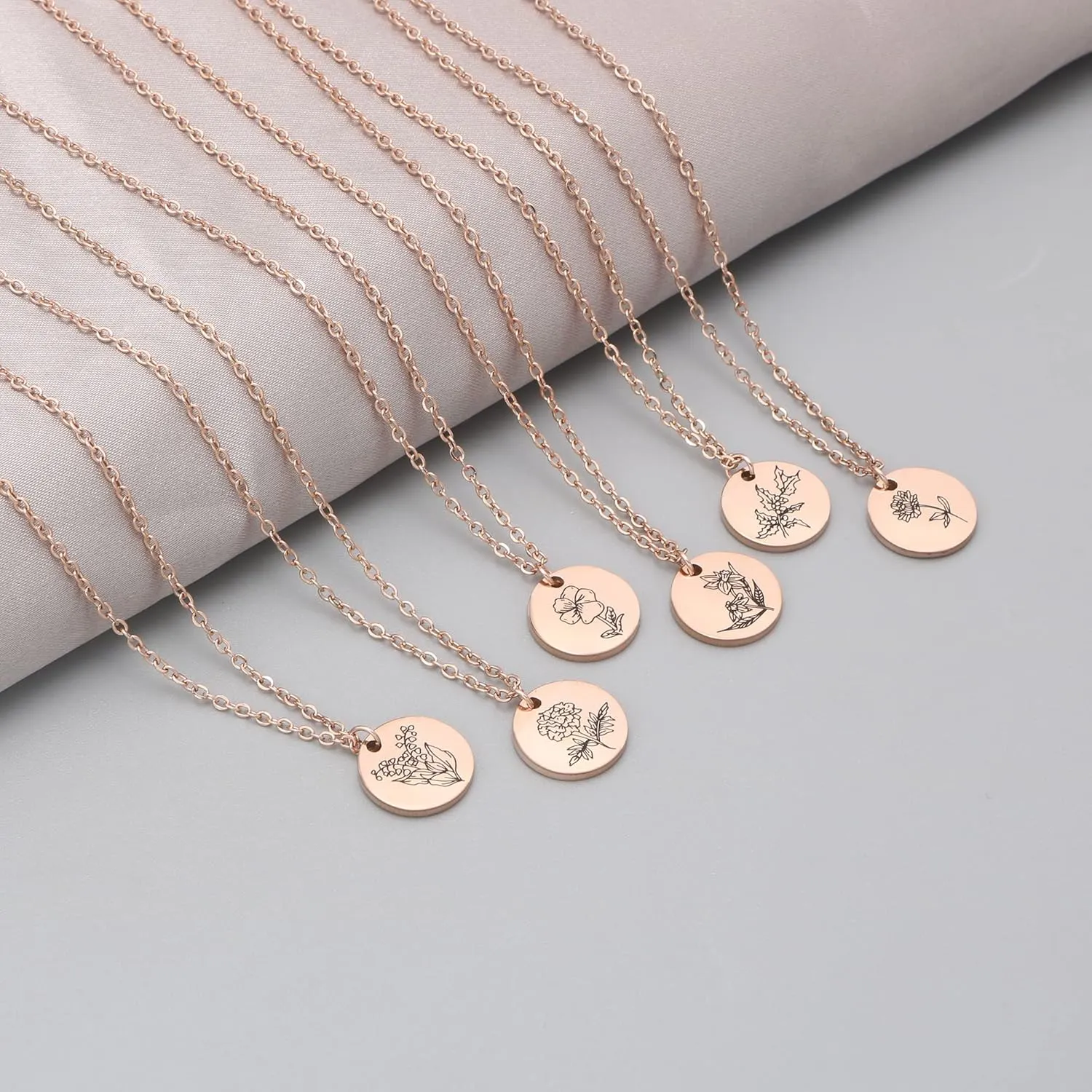 Birth Month Flower Pendant Necklace 18K Gold Plated Dainty Simple Month Birth Floral Disc Pendant Engrave Coin Necklace Minimalist Delicate Mom Daughter Gift for Her
