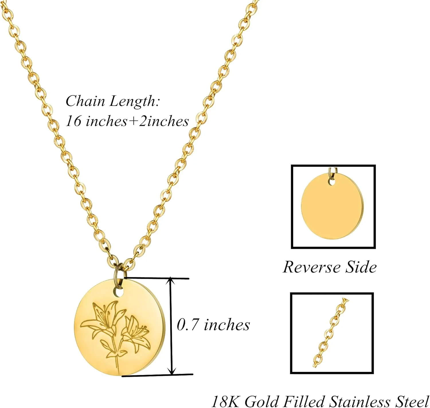 Birth Month Flower Pendant Necklace 18K Gold Plated Dainty Simple Month Birth Floral Disc Pendant Engrave Coin Necklace Minimalist Delicate Mom Daughter Gift for Her