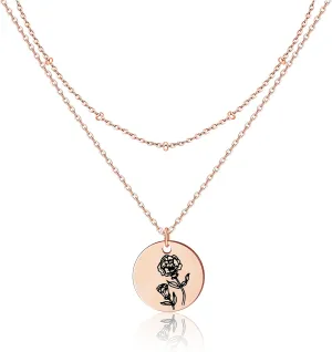 Birth Month Flower Pendant Necklace 18K Gold Plated Dainty Simple Month Birth Floral Disc Pendant Engrave Coin Necklace Minimalist Delicate Mom Daughter Gift for Her