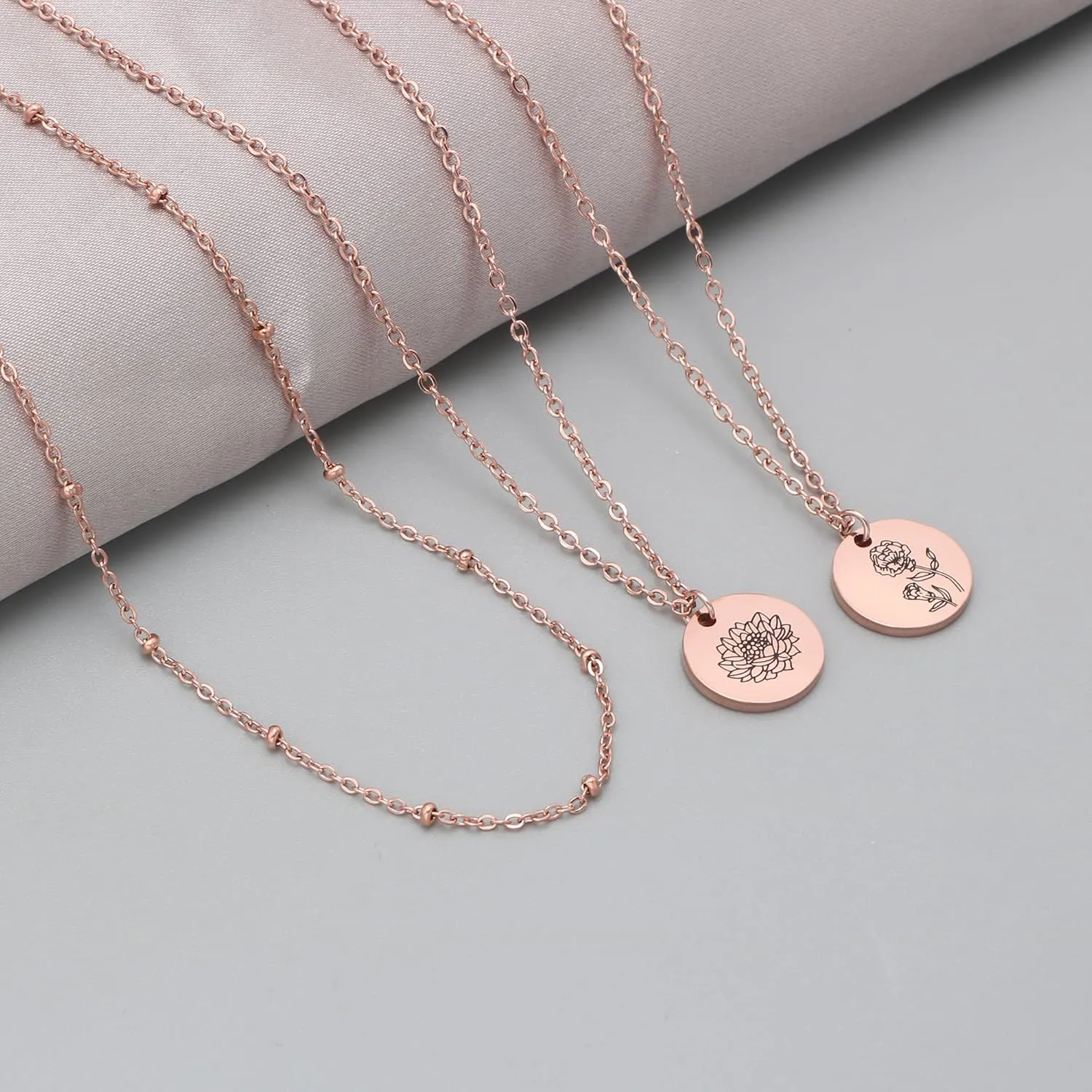 Birth Month Flower Pendant Necklace 18K Gold Plated Dainty Simple Month Birth Floral Disc Pendant Engrave Coin Necklace Minimalist Delicate Mom Daughter Gift for Her
