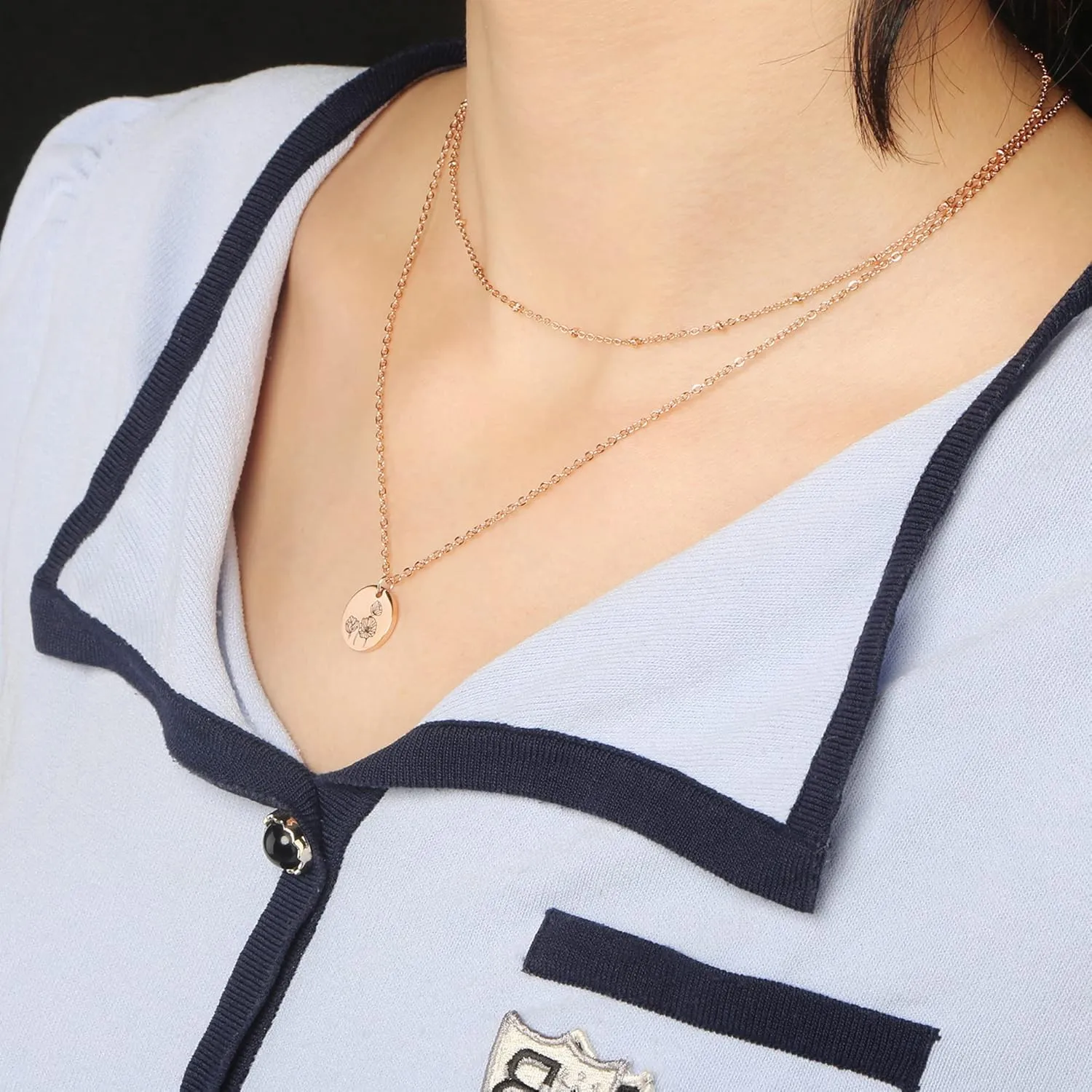 Birth Month Flower Pendant Necklace 18K Gold Plated Dainty Simple Month Birth Floral Disc Pendant Engrave Coin Necklace Minimalist Delicate Mom Daughter Gift for Her