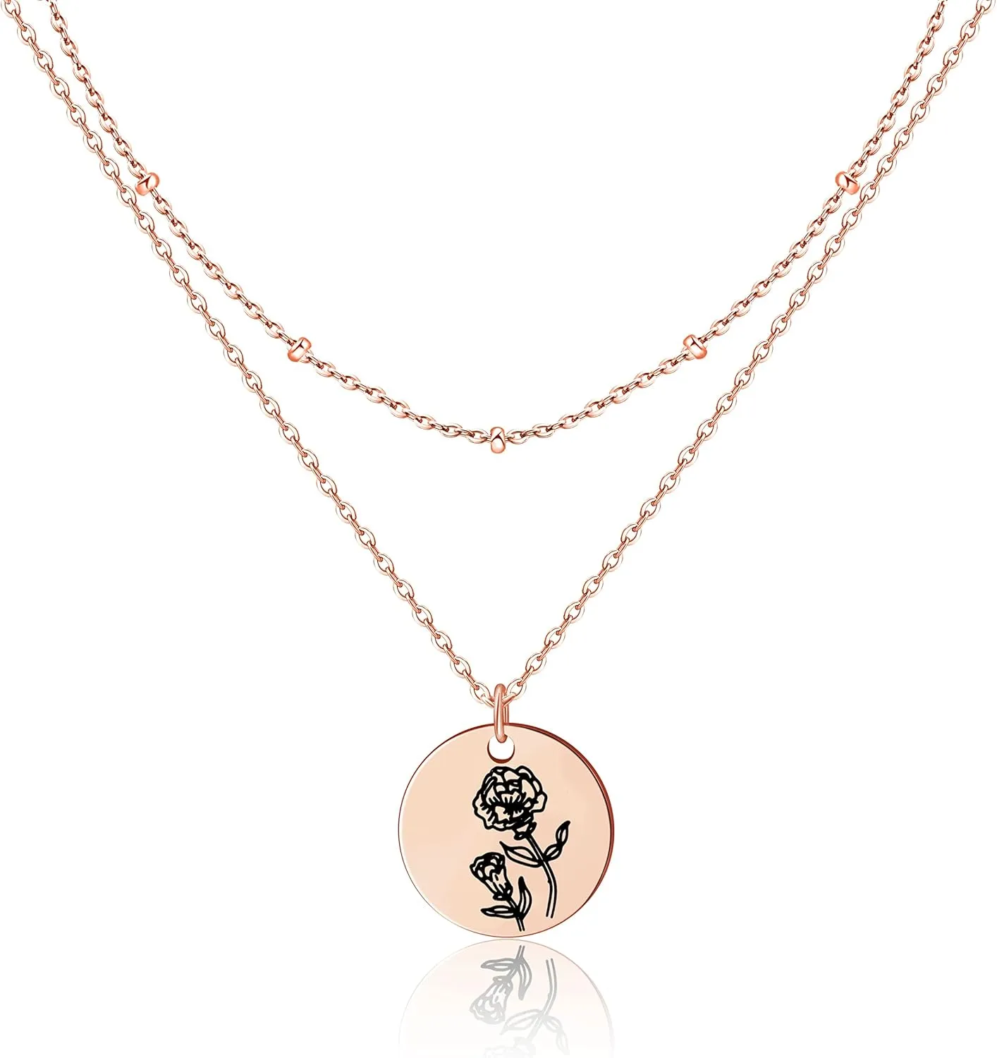 Birth Month Flower Pendant Necklace 18K Gold Plated Dainty Simple Month Birth Floral Disc Pendant Engrave Coin Necklace Minimalist Delicate Mom Daughter Gift for Her