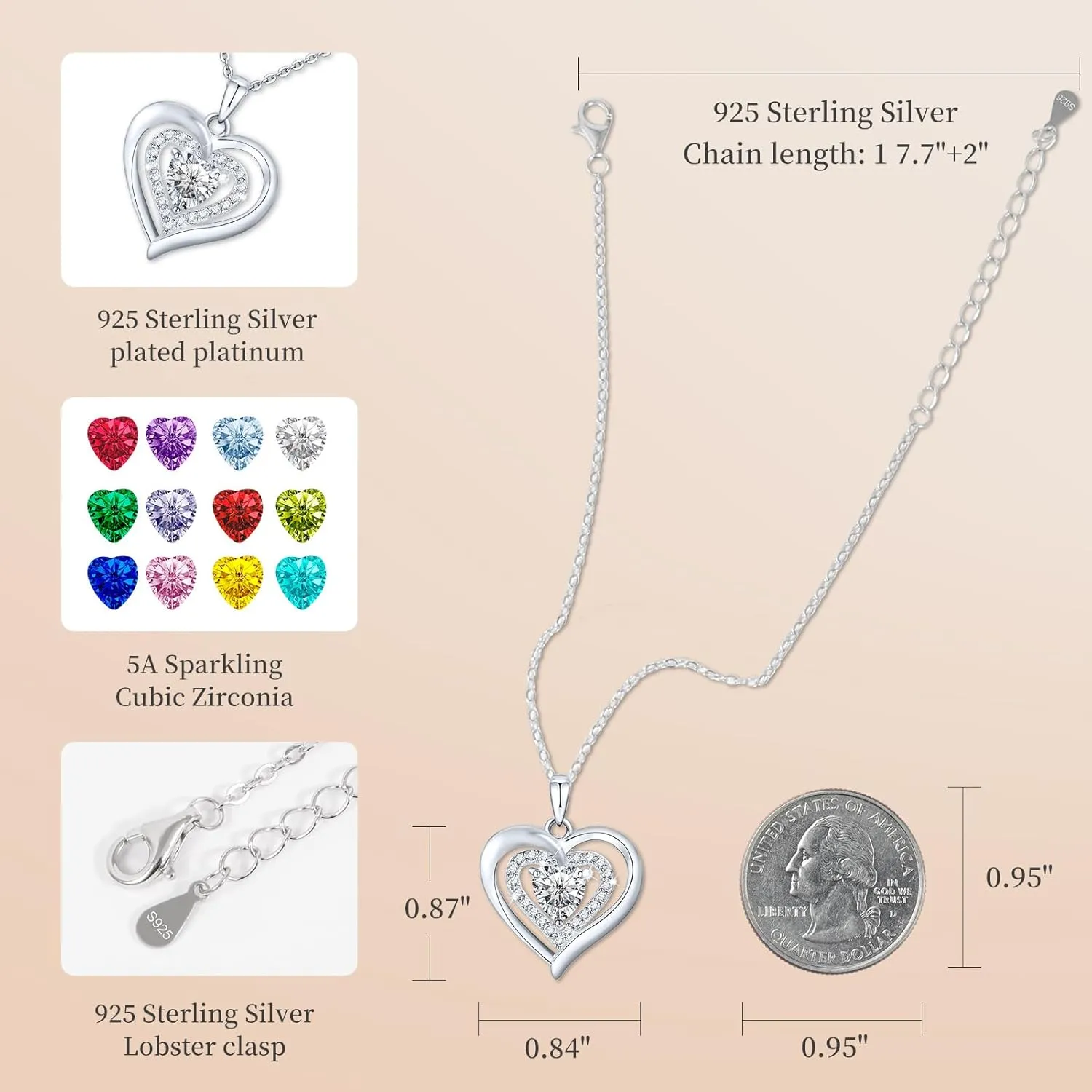 Birthstone Necklaces for Women, 925 Sterling Silver Necklace for Women, Forever Love Silver Heart Necklace with Birthstones as Anniversary/Birthday Gift for Mom, Wife, Girlfriend or Loved Ones