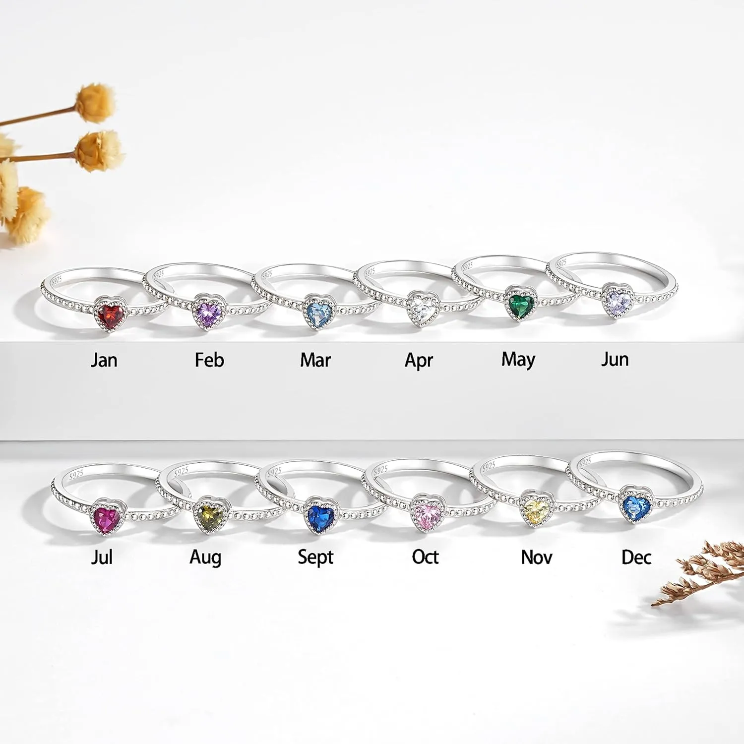 Birthstone Rings for Women: S925 Sterling Silver Stacking Birthstones Ring Cubic Zirconia Heart Stackable Band Rings - Birthday Mother's Day Jewelry Gifts for Mother Daughte