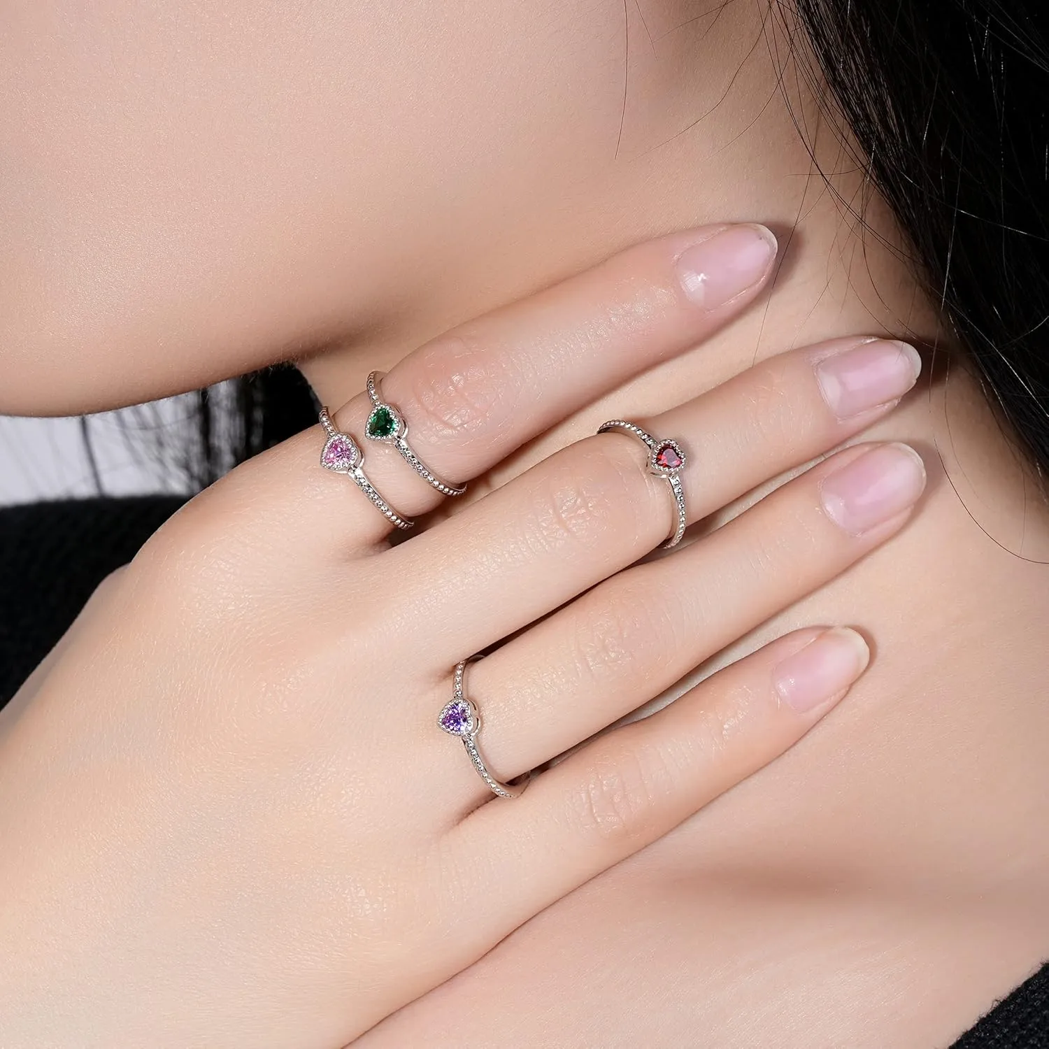 Birthstone Rings for Women: S925 Sterling Silver Stacking Birthstones Ring Cubic Zirconia Heart Stackable Band Rings - Birthday Mother's Day Jewelry Gifts for Mother Daughte