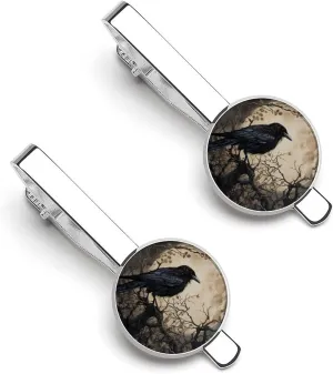 Black Crow And Moon 2 Pcs Novelty Tie Clips for Men Printed Tie Bar Tie Clip for Business Wedding