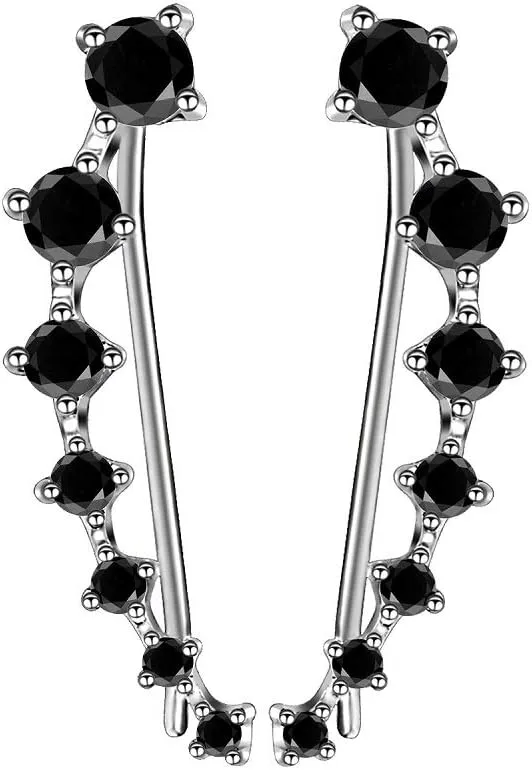 Black Diamond Climbers Cuff Wrap Cubic Zirconia 925 Sterling Silver Fashion Stud Crawler Pierced Sweep up Earrings for Women 7 Crystal CZ Hypoallergenic for Sensitive Ears Gifts for Birthday Bff