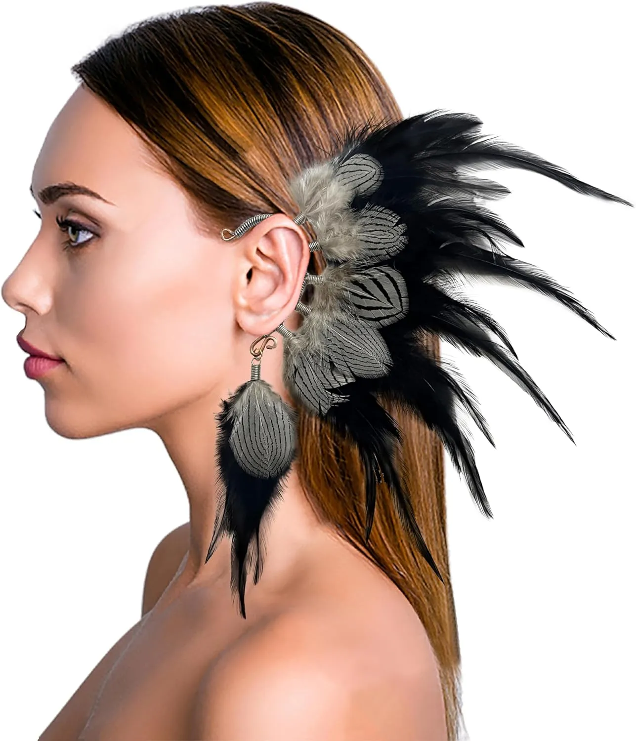 Black Feather Ear Cuff,American Indian style feather ear Earrings Wrap Cuff,decoration Festival Ear Jacket wedding jewelry