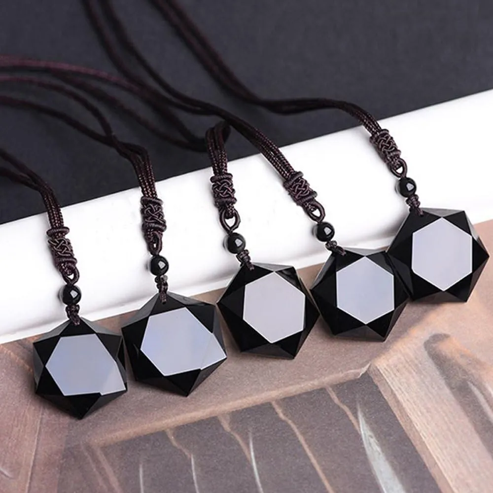 Black Obsidian Hexagram Natural Stone Necklace Translucent Ice Obsidian Wolf Tooth Amulet His and Hers Couples Necklace Lucky Love Pendant Necklace for Men Women