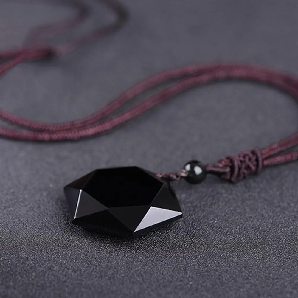 Black Obsidian Hexagram Natural Stone Necklace Translucent Ice Obsidian Wolf Tooth Amulet His and Hers Couples Necklace Lucky Love Pendant Necklace for Men Women