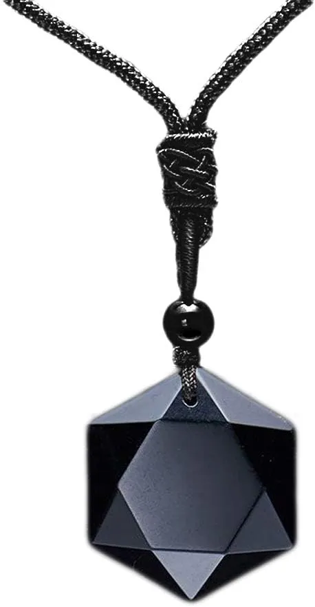 Black Obsidian Hexagram Natural Stone Necklace Translucent Ice Obsidian Wolf Tooth Amulet His and Hers Couples Necklace Lucky Love Pendant Necklace for Men Women