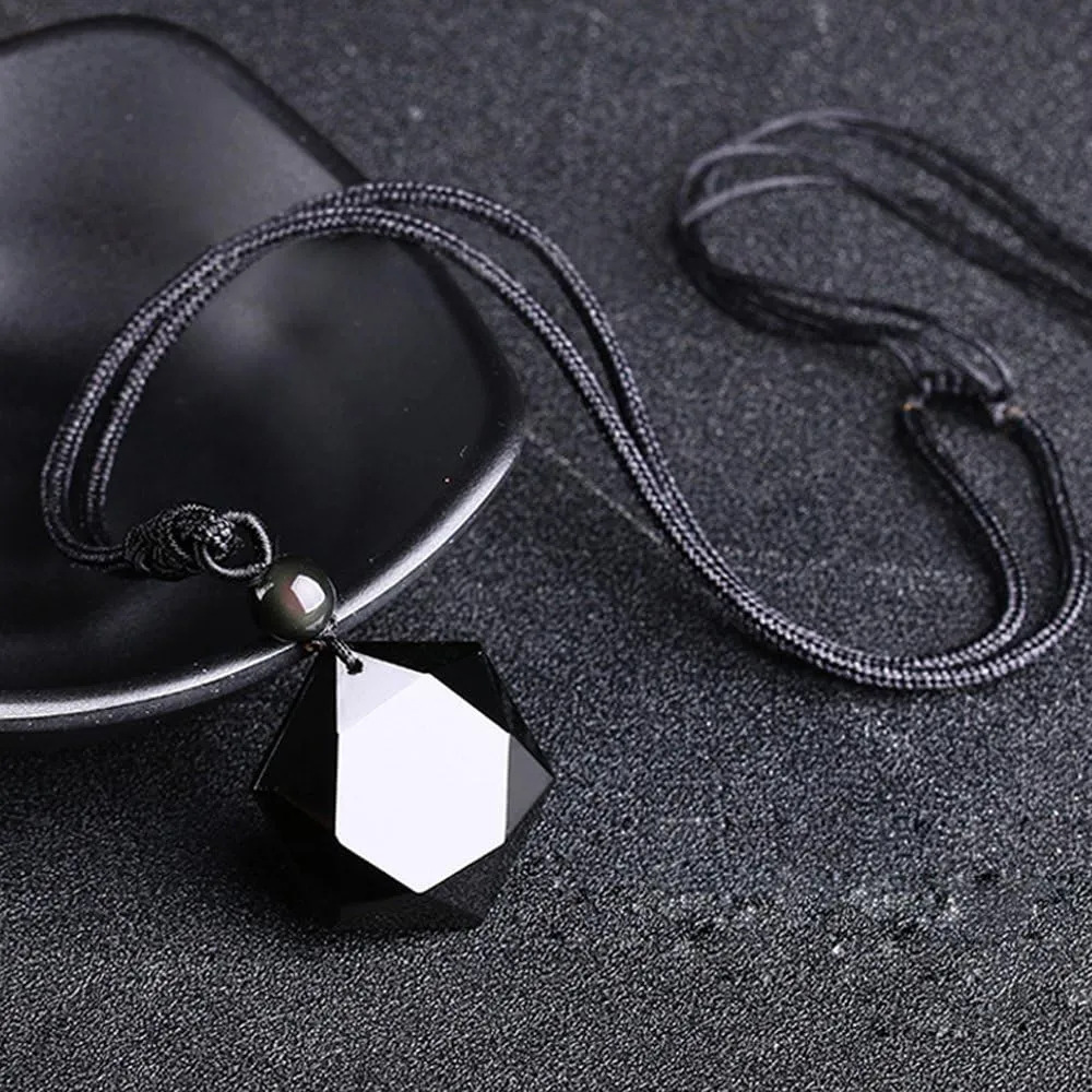 Black Obsidian Hexagram Natural Stone Necklace Translucent Ice Obsidian Wolf Tooth Amulet His and Hers Couples Necklace Lucky Love Pendant Necklace for Men Women