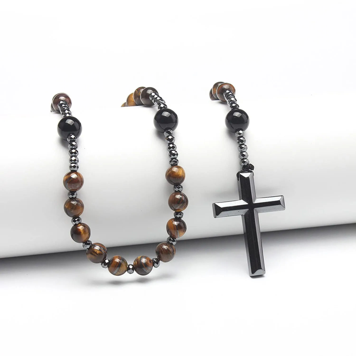 Black Obsidian Necklace for Men, Black Tigers Eye Necklace, Black Cross Pendant, Obsidian Cross Healing Crystal Energy Stone Protection Amulet Charm Pendant (Black)