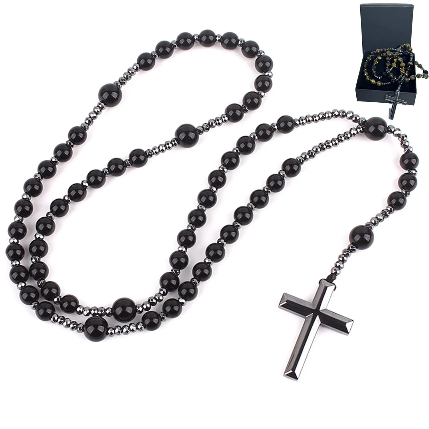 Black Obsidian Necklace for Men, Black Tigers Eye Necklace, Black Cross Pendant, Obsidian Cross Healing Crystal Energy Stone Protection Amulet Charm Pendant (Black)