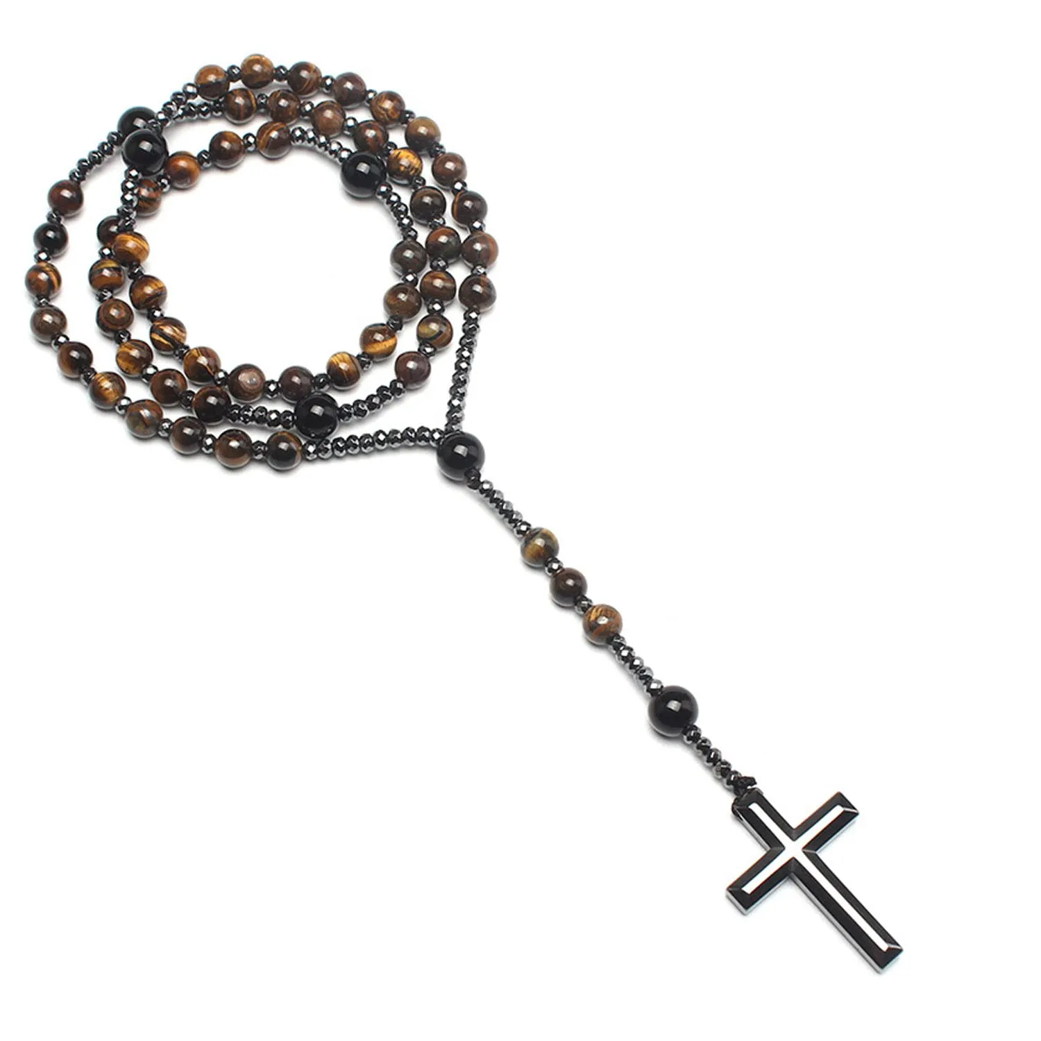 Black Obsidian Necklace for Men, Black Tigers Eye Necklace, Black Cross Pendant, Obsidian Cross Healing Crystal Energy Stone Protection Amulet Charm Pendant (Black)
