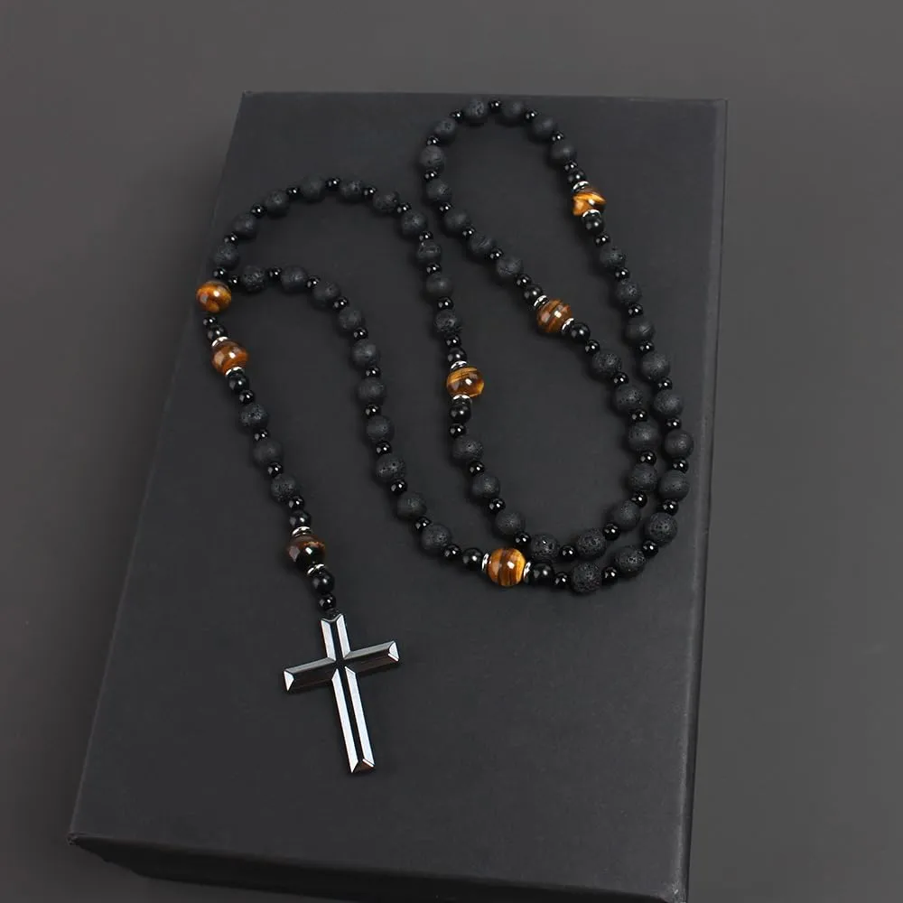 Black Onyx Obsidian and Tiger Eye Beaded Hematite Cross Pendant Saint Benedict Necklace Christian Sacramental Medal Ward off Evil Protection Jewelry Catholic Gift for Men Women (C)