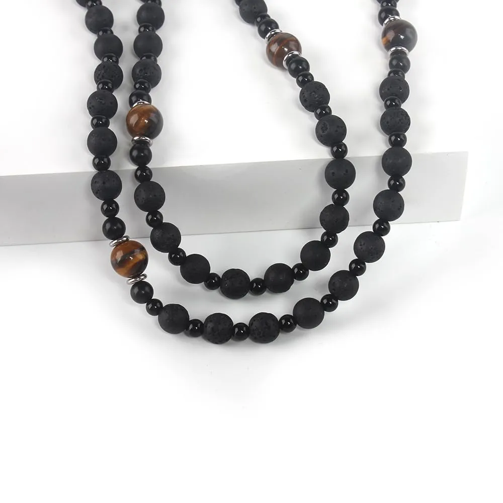 Black Onyx Obsidian and Tiger Eye Beaded Hematite Cross Pendant Saint Benedict Necklace Christian Sacramental Medal Ward off Evil Protection Jewelry Catholic Gift for Men Women (C)