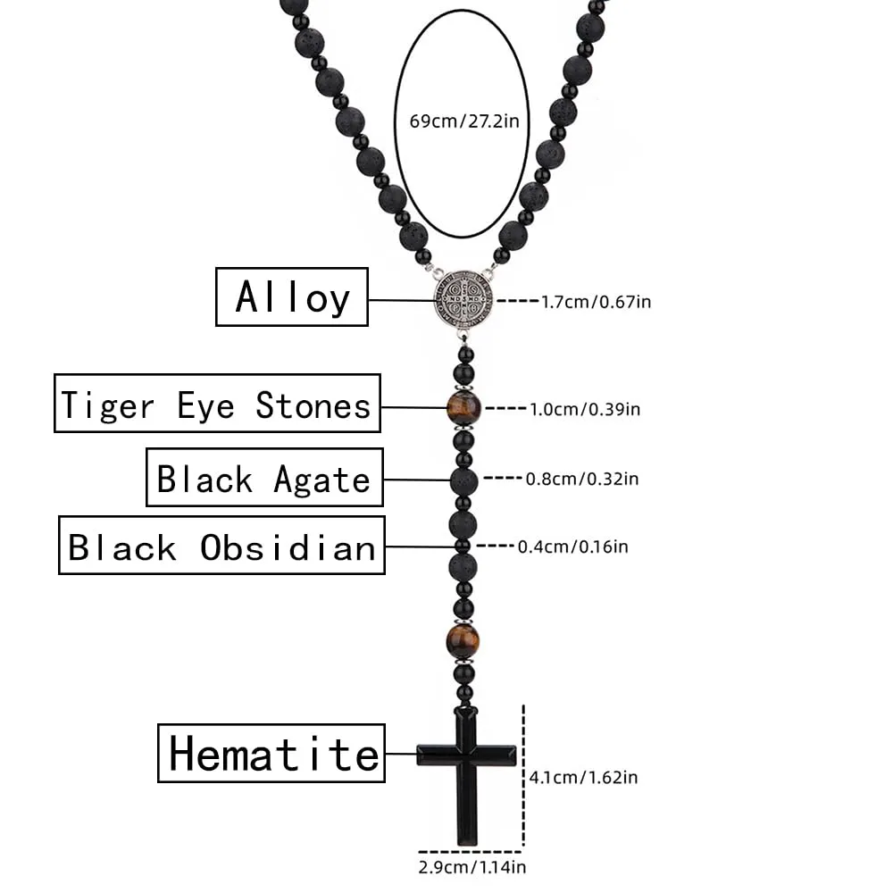 Black Onyx Obsidian and Tiger Eye Beaded Hematite Cross Pendant Saint Benedict Necklace Christian Sacramental Medal Ward off Evil Protection Jewelry Catholic Gift for Men Women (C)