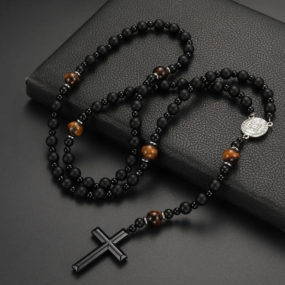 Black Onyx Obsidian and Tiger Eye Beaded Hematite Cross Pendant Saint Benedict Necklace Christian Sacramental Medal Ward off Evil Protection Jewelry Catholic Gift for Men Women (C)
