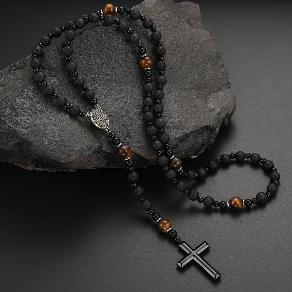 Black Onyx Obsidian and Tiger Eye Beaded Hematite Cross Pendant Saint Benedict Necklace Christian Sacramental Medal Ward off Evil Protection Jewelry Catholic Gift for Men Women (C)