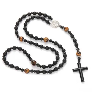 Black Onyx Obsidian and Tiger Eye Beaded Hematite Cross Pendant Saint Benedict Necklace Christian Sacramental Medal Ward off Evil Protection Jewelry Catholic Gift for Men Women (C)