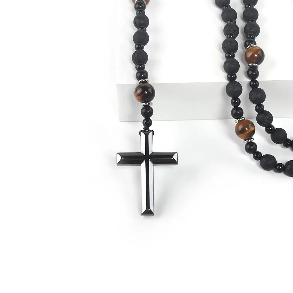 Black Onyx Obsidian and Tiger Eye Beaded Hematite Cross Pendant Saint Benedict Necklace Christian Sacramental Medal Ward off Evil Protection Jewelry Catholic Gift for Men Women (C)